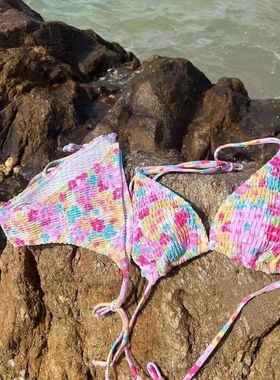 Sunset日落黄昏夏日彩色小花褶皱比基尼小胸聚拢ins泳衣温泉度假