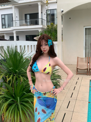 Sunset日落黄昏蝴蝶百香果比基尼三件套显白绑带温泉度假罩裙泳装