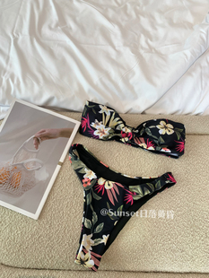 Sunset日落黄昏碎花复古辣妹抹胸分体泳衣少女三角印花比基尼泳装