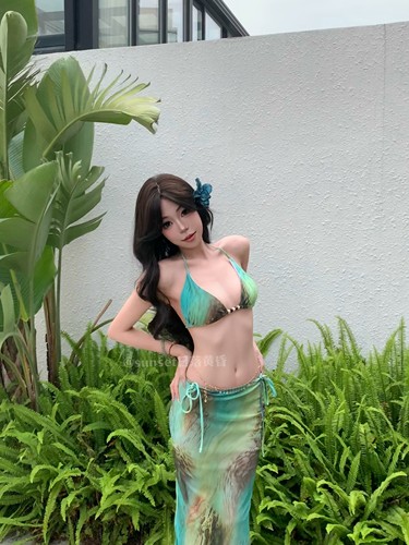 Sunset日落黄昏青蛇纹三件套比基尼渐变绿高级感显白珠串泳衣女