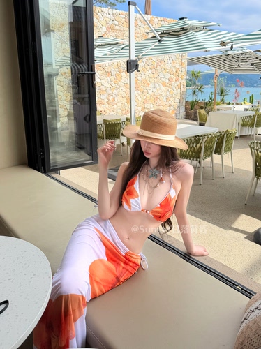 Sunset日落黄昏白橘串珠比基尼橙百合三件套泳衣女显白度假风泳装