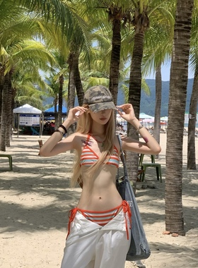 Sunset日落黄昏美式复古条纹比基尼ins风辣妹泳衣女显白度假泳装