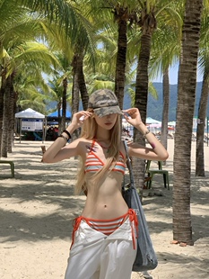 Sunset日落黄昏美式复古条纹比基尼ins风辣妹泳衣女显白度假泳装