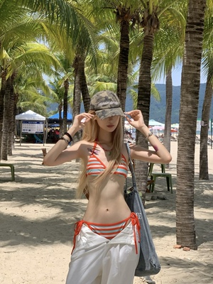 Sunset日落黄昏美式复古条纹比基尼ins风辣妹泳衣女显白度假泳装