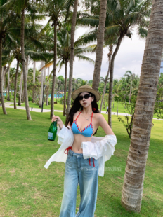 Sunset日落黄昏蓝红撞色绑带比基尼美式复古度假风泳衣女显白泳装