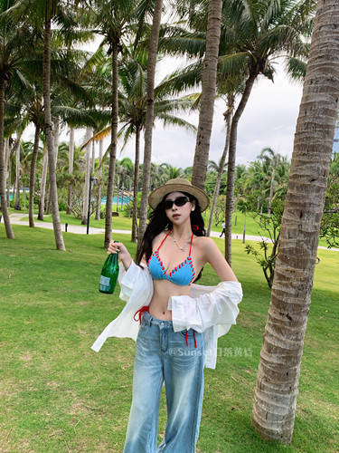 Sunset日落黄昏蓝红撞色绑带比基尼美式复古度假风泳衣女显白泳装