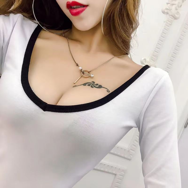 V领长袖t恤女95棉修身打底衫白色性感内搭低胸紧身拼接上衣秋冬装