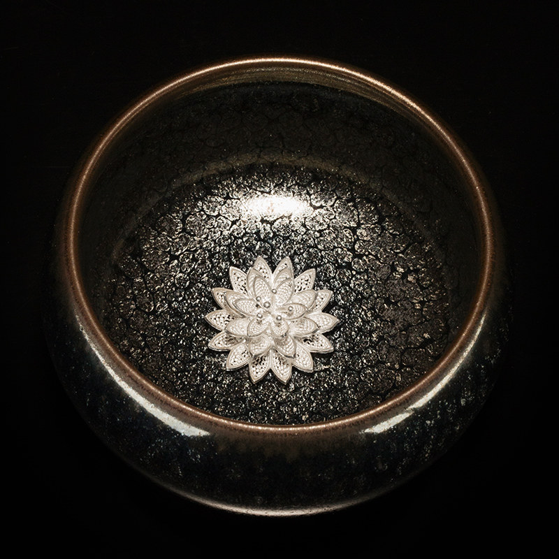 甲盏窑 李甲栈天目能量杯银饰建盏茶杯主人杯陶瓷禅定杯个人杯