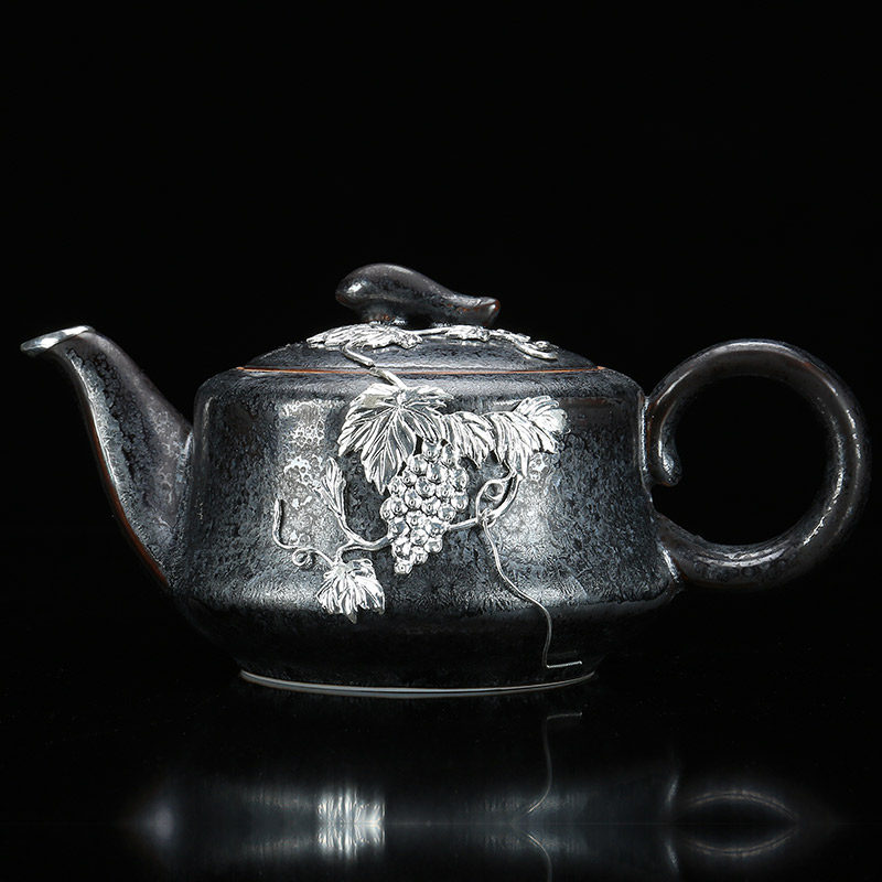 甲盏窑 李甲栈银斑天目釉茶壶窑变釉手工陶瓷茶壶百子兴旺茶壶