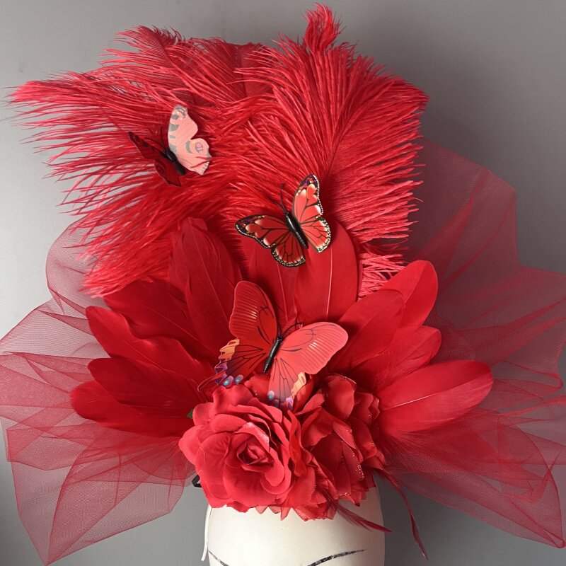千人千面手作羽毛网纱花朵发饰模特走秀舞台演出表演创意造型头饰