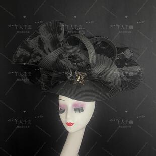 神秘复古英伦黑色头纱花朵名媛女士礼服舞会派对走秀创意造型头饰