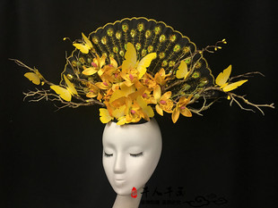 流行金典色古典中国风T台舞台走秀夸张扇子头饰影楼创意造型发饰