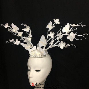 新款复古中国风舞台走秀夸张头饰亮眼蝴蝶花朵枯枝创意造型发饰