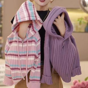 女童毛衣2025秋冬新款中大童时尚连帽韩版针织衫女孩条纹拉链衫潮