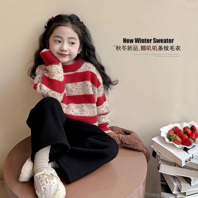 女童毛衣2025秋季新款中大童时尚条纹不起球花纱圆领套头针织衫潮