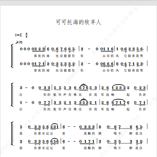 可可托海的牧羊人 小石头童声 另售二声部合唱简谱钢琴伴奏正谱