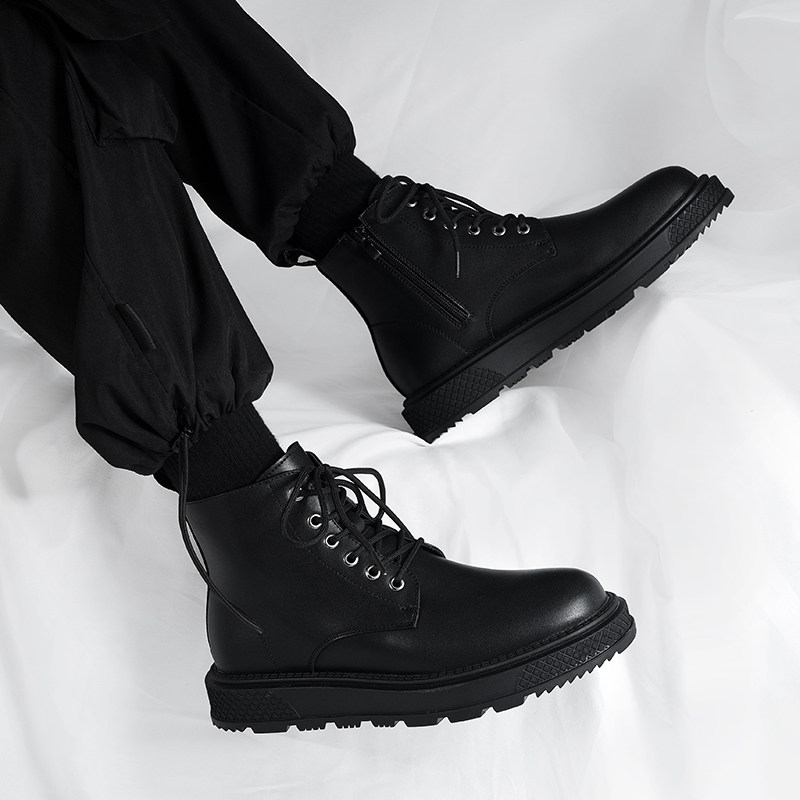 英伦风黑色ins马丁靴男款冬季真皮复古拉链厚底短靴韩版高帮皮鞋