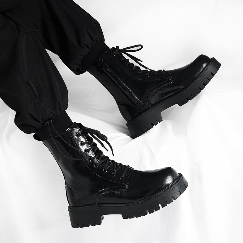 英伦风ins黑色马丁靴男款侧拉链增高工装机车靴韩版冬季高帮靴子