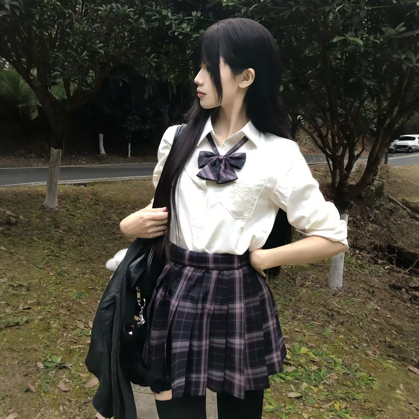 日系2022原创jk衬衫短袖收腰长袖制服女学生白色夏季黑色尖领短款