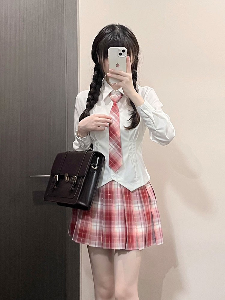 JK制服衬衫女长袖秋冬甜美白色衬衣学院风辣妹套装韩式收腰灰上衣