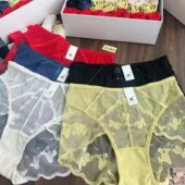 品牌蕾丝内裤 缕空网纱纯棉内裆三角内穿裤 头衩中腰大红黄蓝白黑色