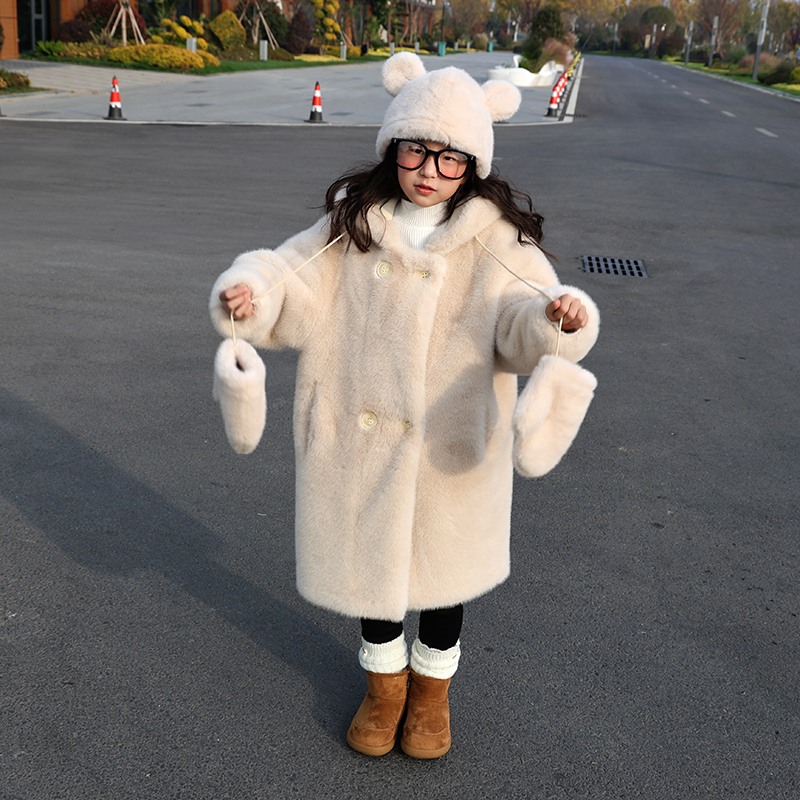 女童毛毛外套中长加厚连帽洋气棉袄女宝冬装大衣三件套送帽子手套