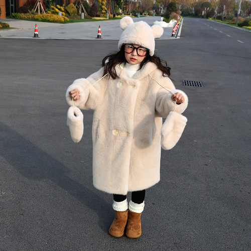 女童毛毛外套中长加厚连帽洋气棉袄女宝冬装大衣三件套送帽子手套