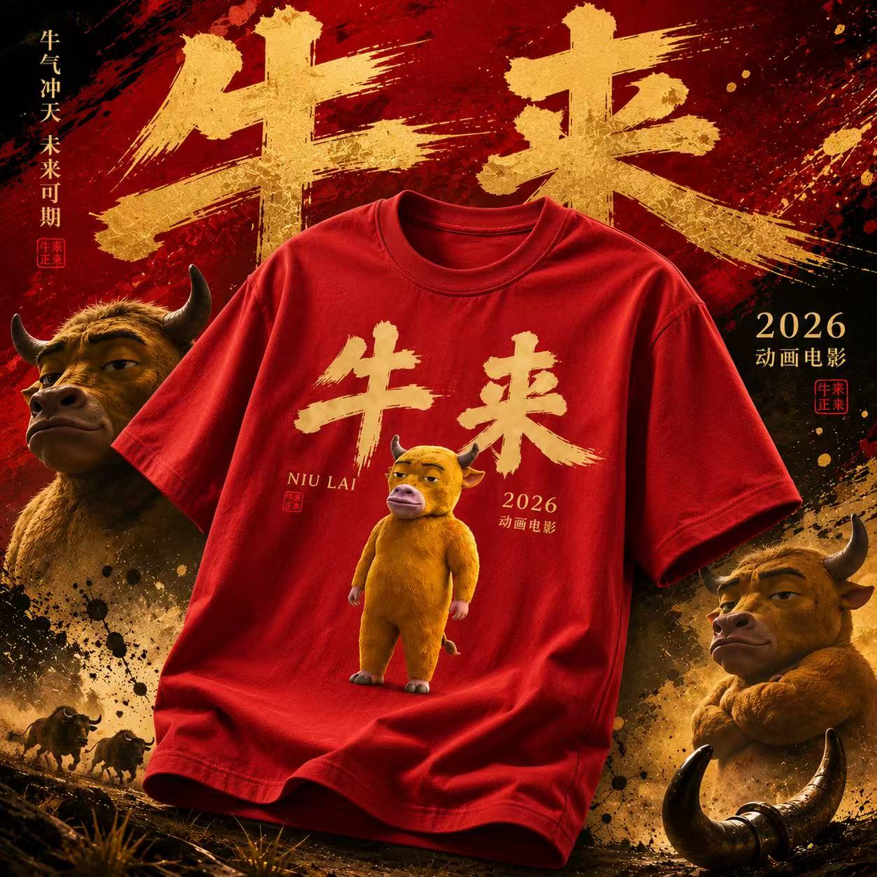牛来电影主题T恤短袖2026爆款电影牛来搞笑原创设计图片