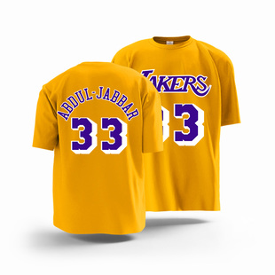 投篮 美式 湖人队LAKERS约翰逊32号贾巴尔33号复古篮球衣短袖 T恤衫