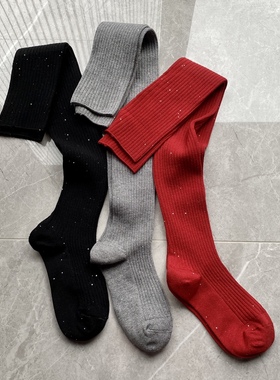 秋冬小香风打底袜连裤过膝长筒短袜小腿羊绒棉亮片闪光黑色显瘦