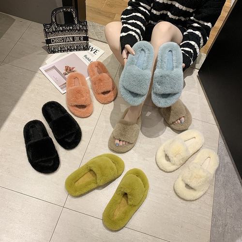 女士毛毛绒棉拖鞋2025新款时尚秋冬办公室内可外穿保暖厚底一字拖
