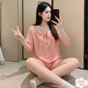 宽松加大码 带胸垫睡衣女韩版 胖mm女士短袖 短裤 夏季 家居服套装 薄款