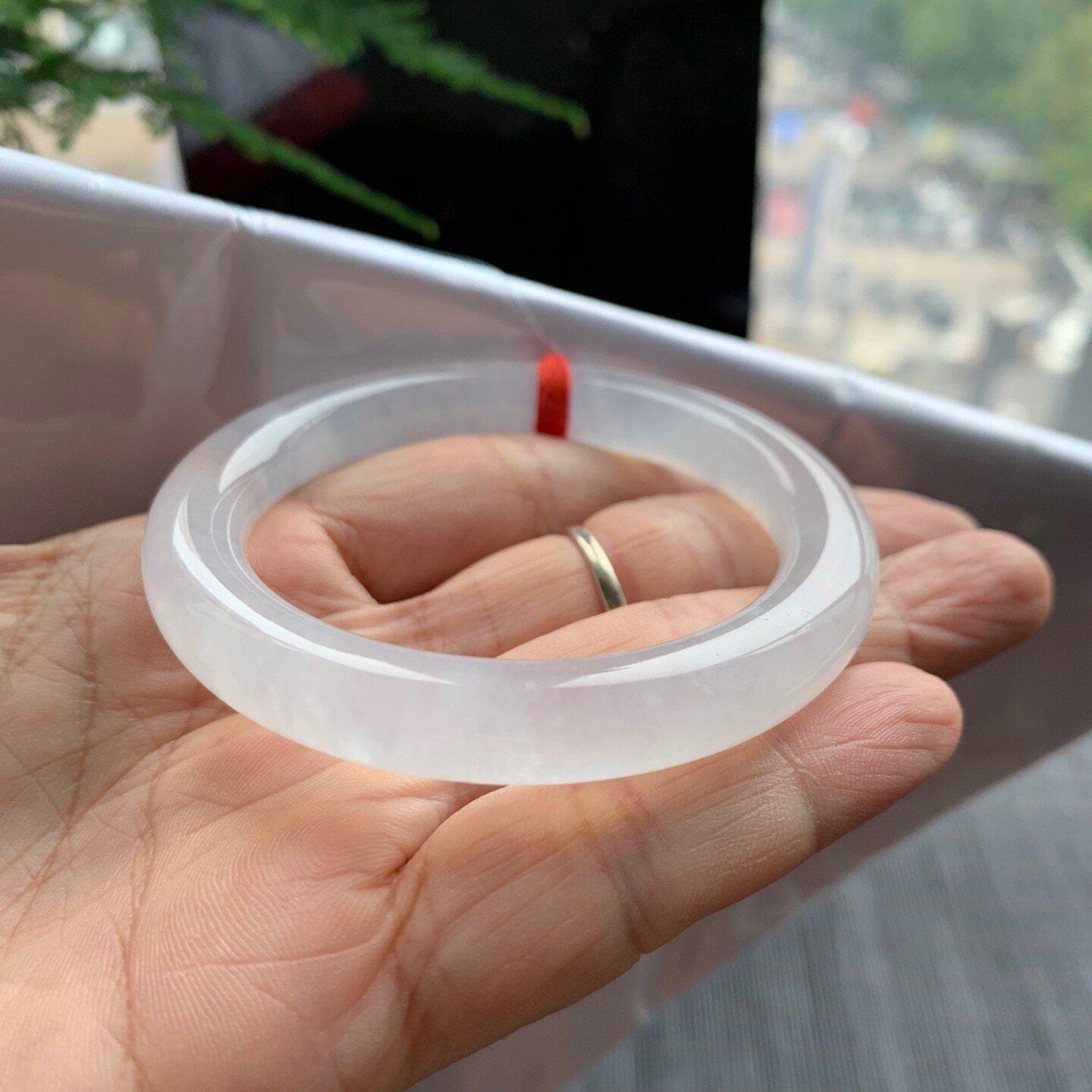 纯天然缅甸A货翡翠冰玻白月光圆条手镯冰种玉石镯子50圈口送证书