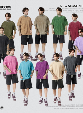 vintage复古街头宽松330G重磅ovesize半袖潮牌水洗t恤定制加logo