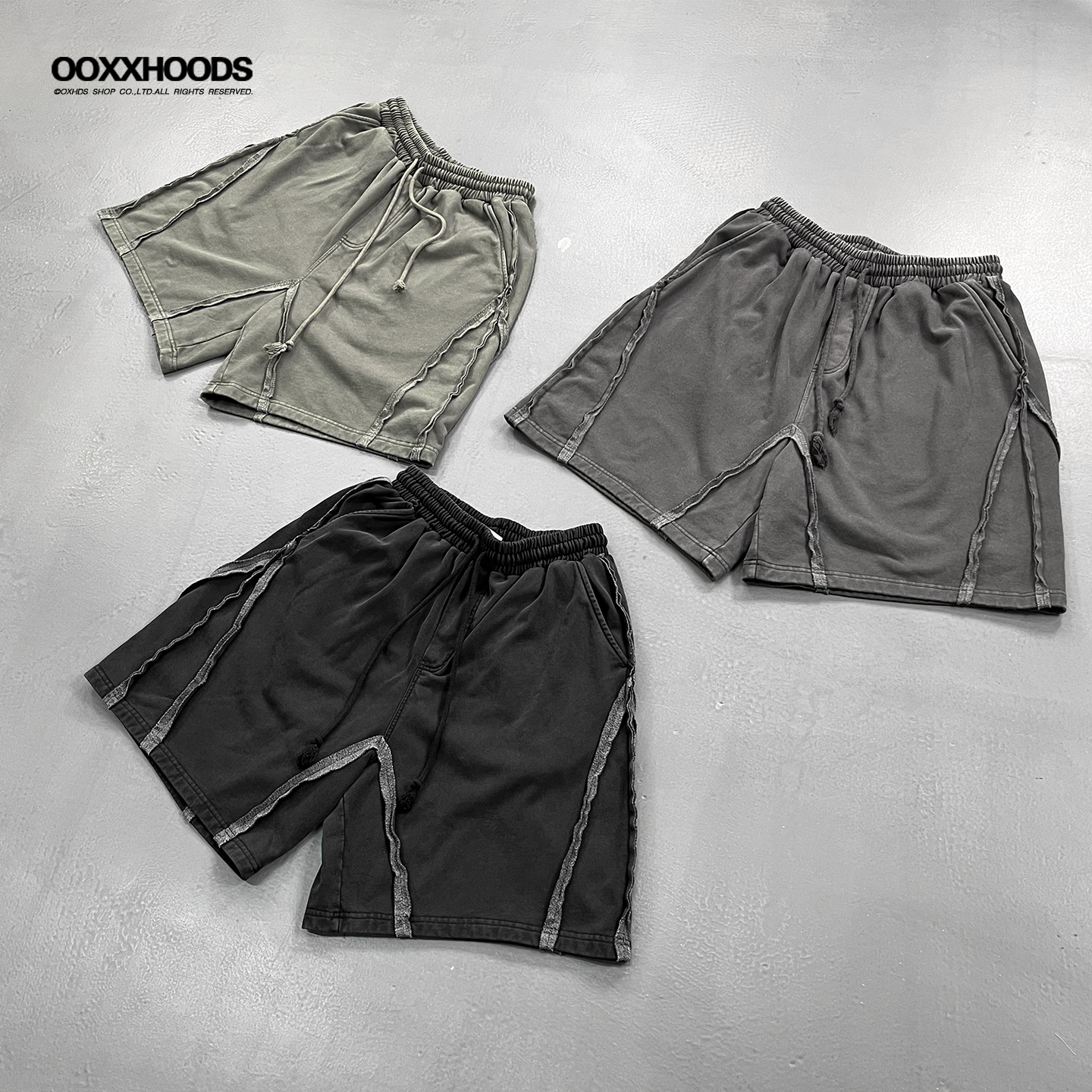 缝线拼接复古洗水做旧纯色五分裤