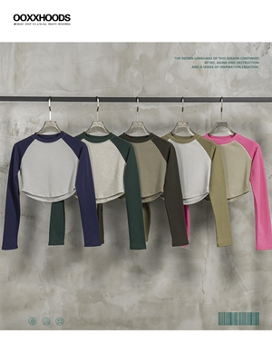 美式复古辣妹短款撞色插肩袖长袖