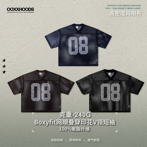 【Boxyfit】网眼V领数字短袖T恤