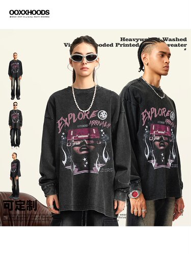 ladygaga数码直喷水洗复古重磅宽松oversize长袖T恤long sleeved