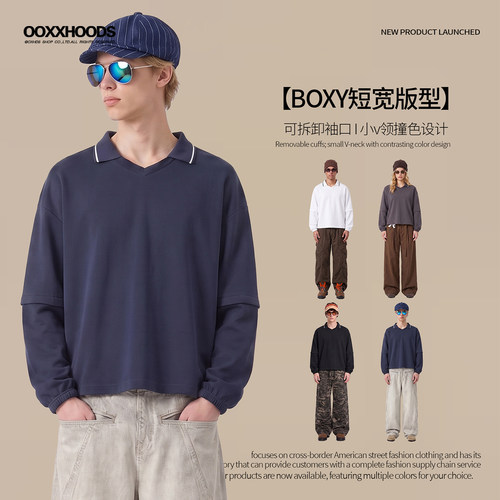【可拆卸袖口】小V领POLO潮卫衣