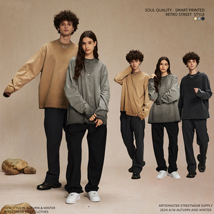 潮 打底衫 275G重磅重工反底炒色脏染做旧磨边长袖 T恤金色原创个性