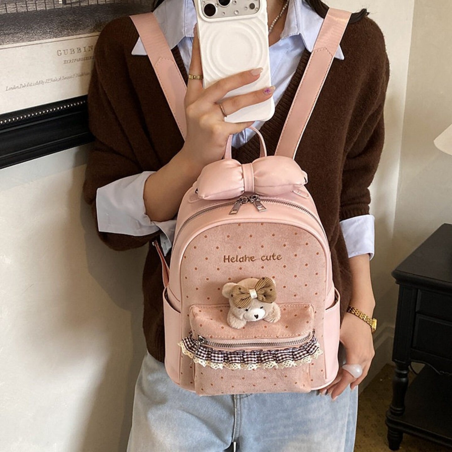 韩版波点儿童双肩包豹纹蕾丝花边毛绒小熊蝴蝶结书包少女通勤背包
