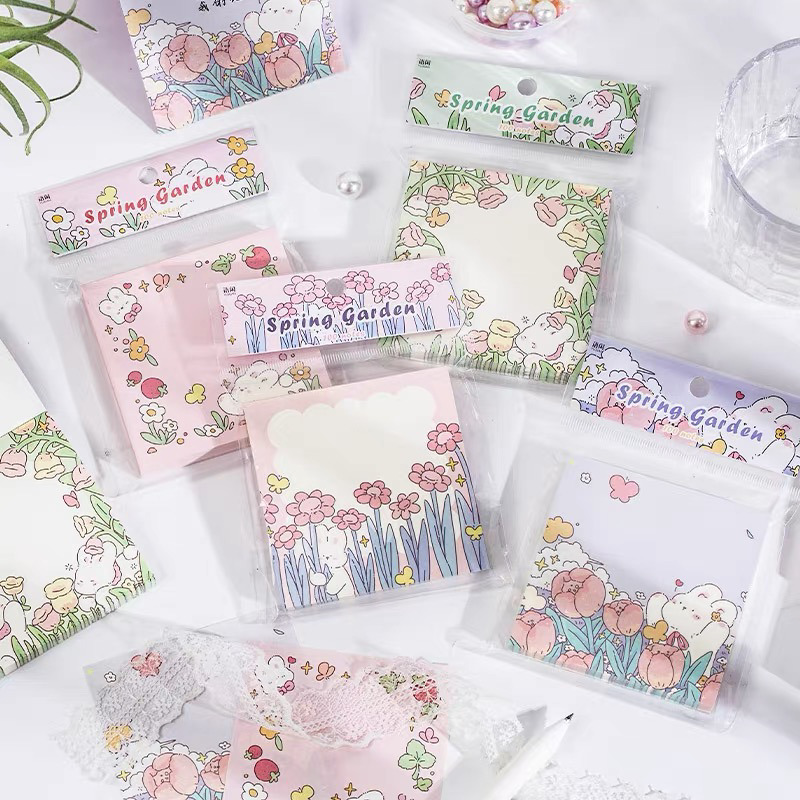 4本语闲春日花园花朵小兔子可爱便签纸无粘性留言便签本100张/本