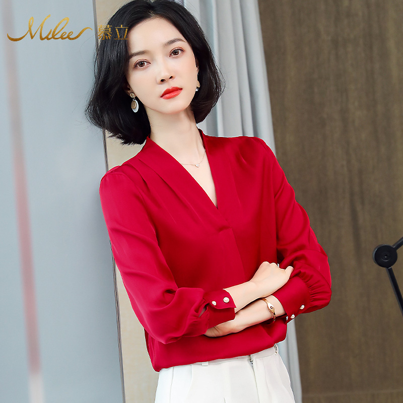 Mulee/慕立2022新纯色桑蚕丝职场女衬衫百搭V领气质显瘦长袖上衣|ruв категории Женская одежда, рубашка - от Buy2taobao.com для оказания профессиональной услуги покупки агента Taobao