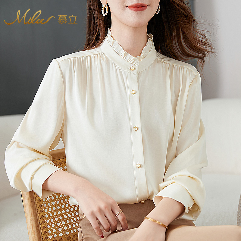 Mulee/慕立2025新款桑蚕丝衬衫女士纯色真丝休闲百搭长袖上衣夏季