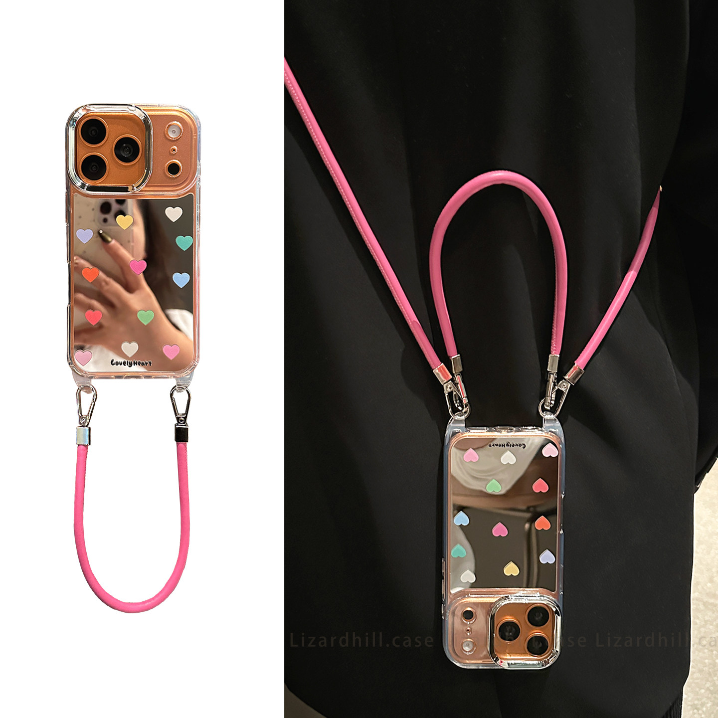 lizardhill ins风简约爱心适用苹果17promax手机壳新款iphone16pro女15pro斜挎可背带挂绳14pro补妆镜13独特