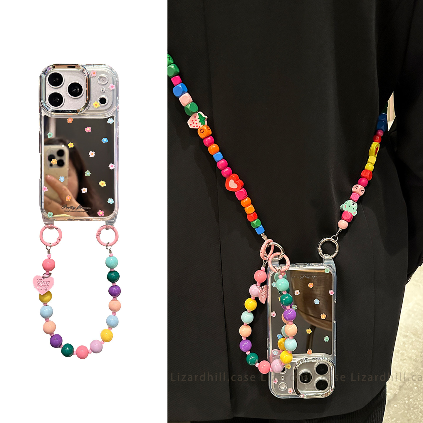 lizardhill 镜面彩色小碎花适用苹果17promax手机壳16pro新款iphone15pro女14pro斜挎可背带挂绳13小众超好看