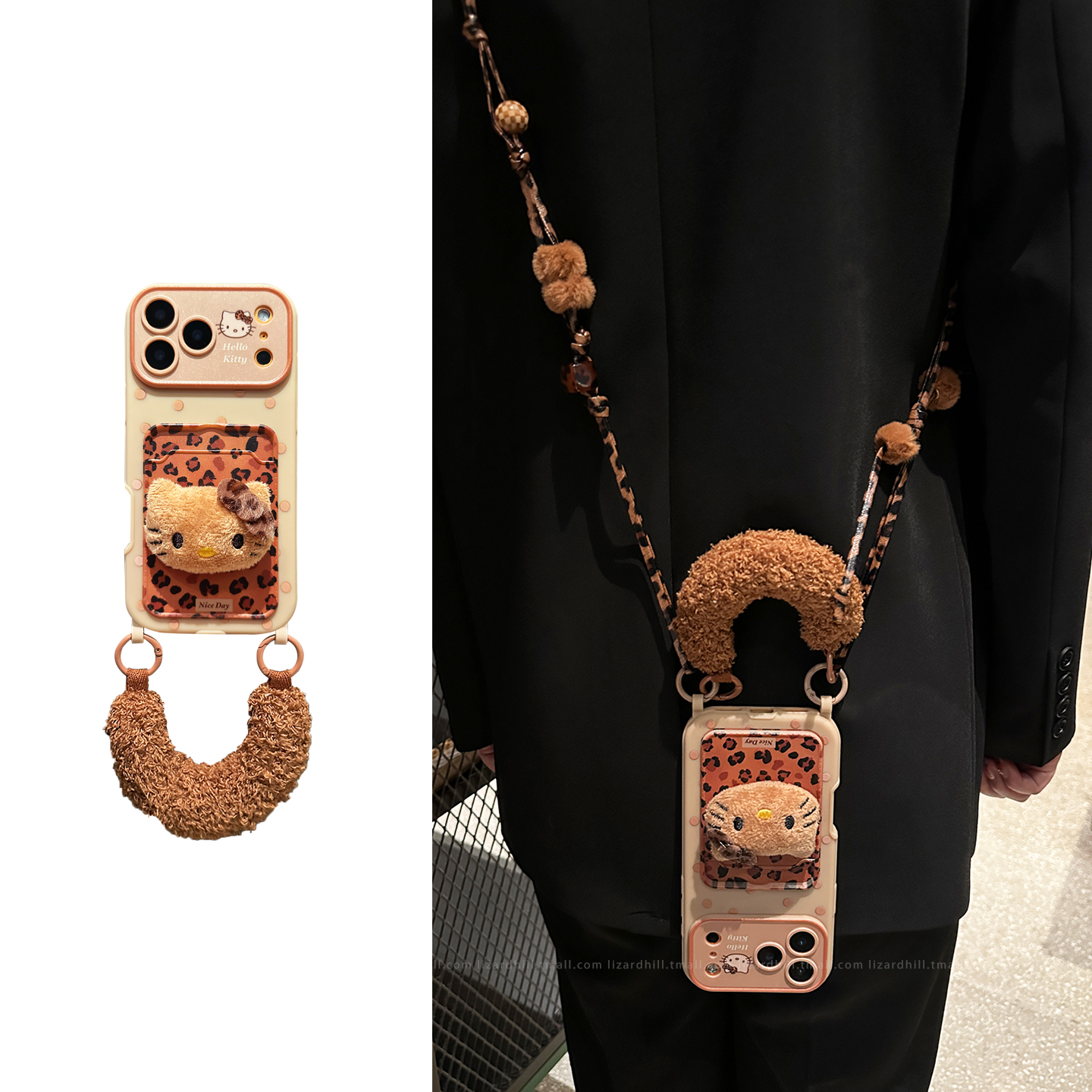 lizardhill 秋冬天毛绒豹纹kt适用苹果17promax手机壳新款16pro女iphone15斜挎可调节背带挂绳14pro超好看13