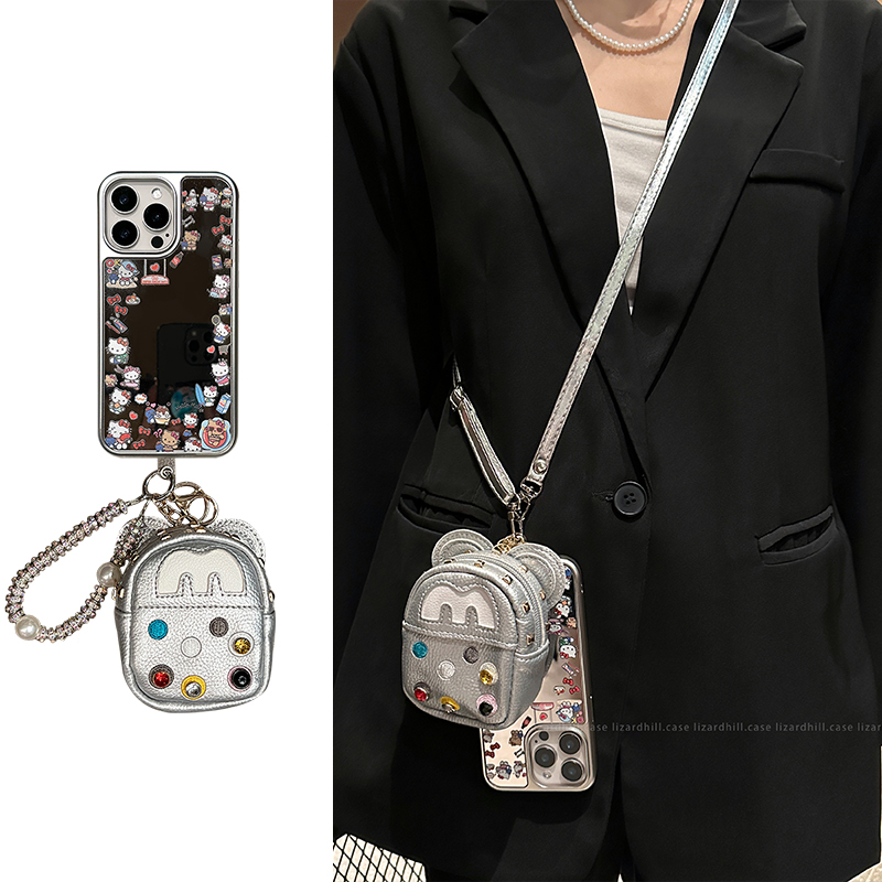 lizardhill 镜面可爱趣味猫适用苹果16promax手机壳新款iphone15女14pro斜挎背带13零钱包12带挂绳超好看高级