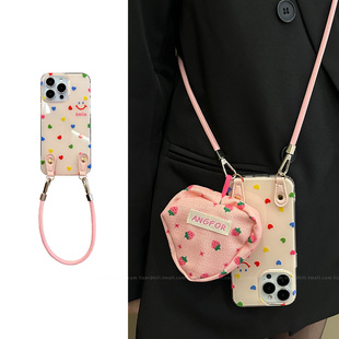 韩系彩色爱心适用苹果16手机壳新款 lizardhill iphone15promax女14pro可斜挎背带挂绳挂绳13零钱包少女粉高级