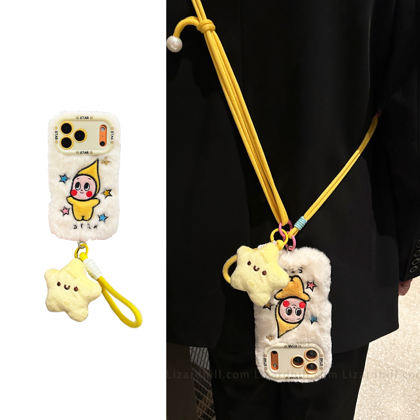 lizardhill 秋冬天毛绒星星人适用苹果17promax手机壳新款16pro女iphone15斜挎可调节背带挂绳14pro毛茸茸13